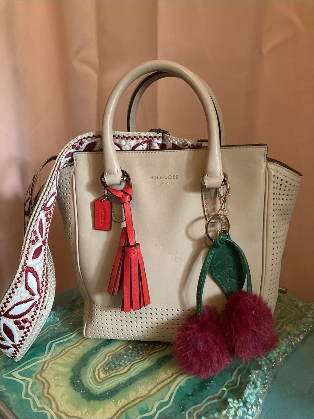 Coach Legacy Mini Beige  Pebbled Leather Satchel with Red Tassel